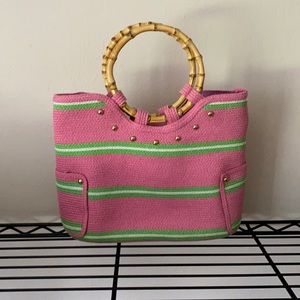 EUC Pink/green bamboo handle woven handbag